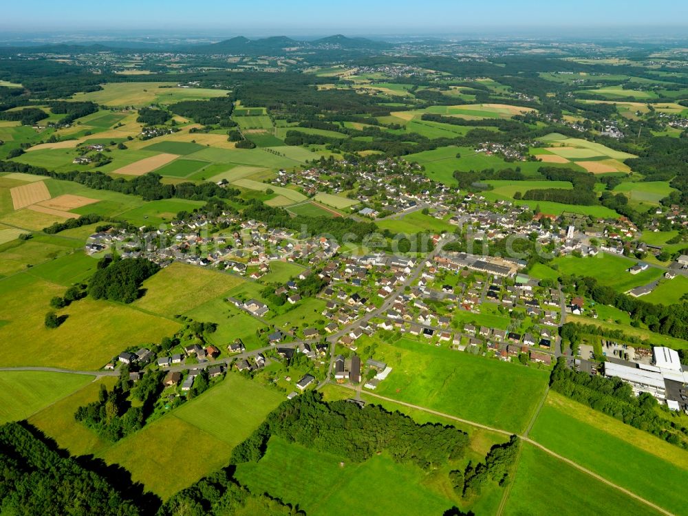 Buchholz from above - View of Buchholz in the state of Rhineland-Palatinate. The borough and municipiality Buchholz is located in the county district of Neuwied on the edge of the Westerwald forest region and surrounded by fields, meadows and hills