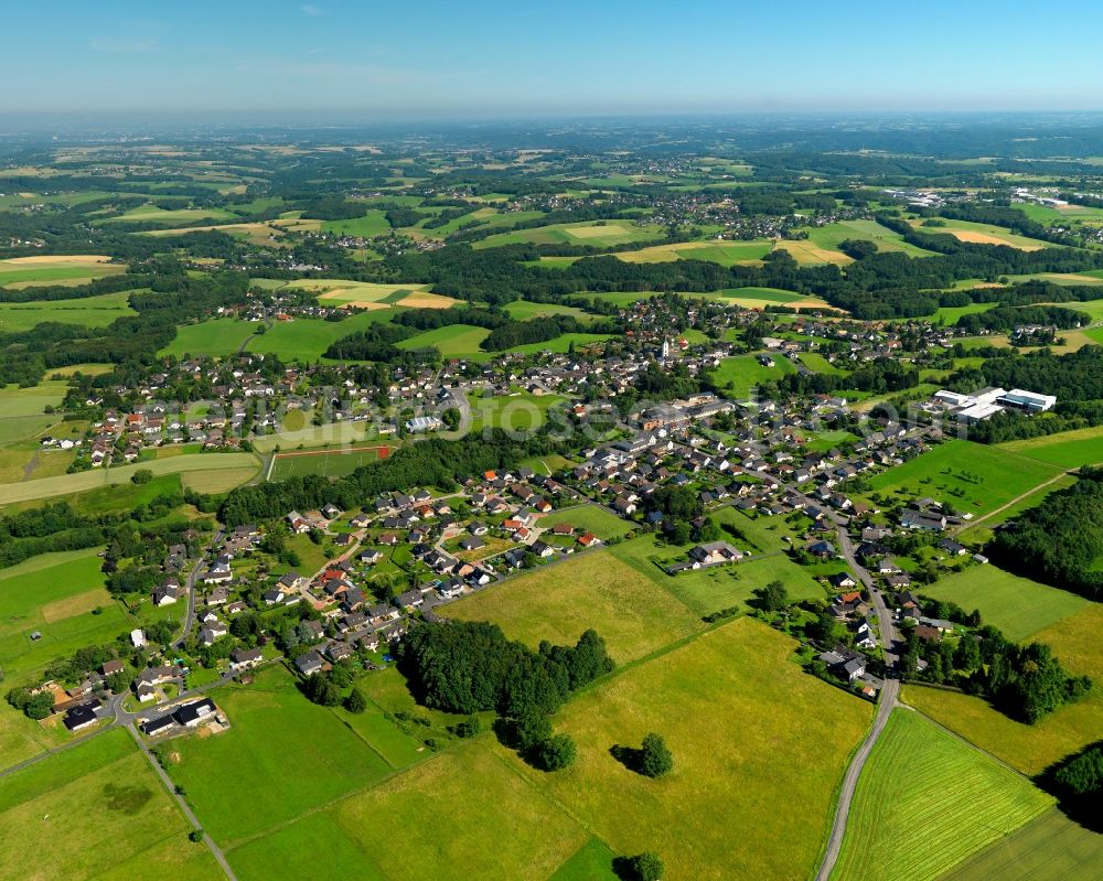 Aerial image Buchholz - View of Buchholz in the state of Rhineland-Palatinate. The borough and municipiality Buchholz is located in the county district of Neuwied on the edge of the Westerwald forest region and surrounded by fields, meadows and hills