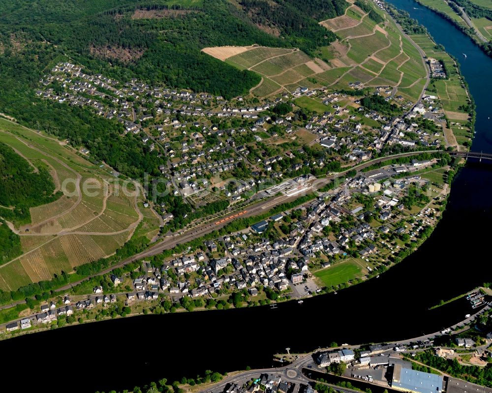 Bullay from above - View of the borough and municipiality of Bullay in the state of Rhineland-Palatinate. The official tourist resort and wine-growing town is part of the Cochem-Zell county district and is located on the right riverbank of the Moselle. Bullay is home to Germany's first double floor bridge which connects Alf and Bullay over the river Moselle. The awarded ecological train station is located in the centre of the town