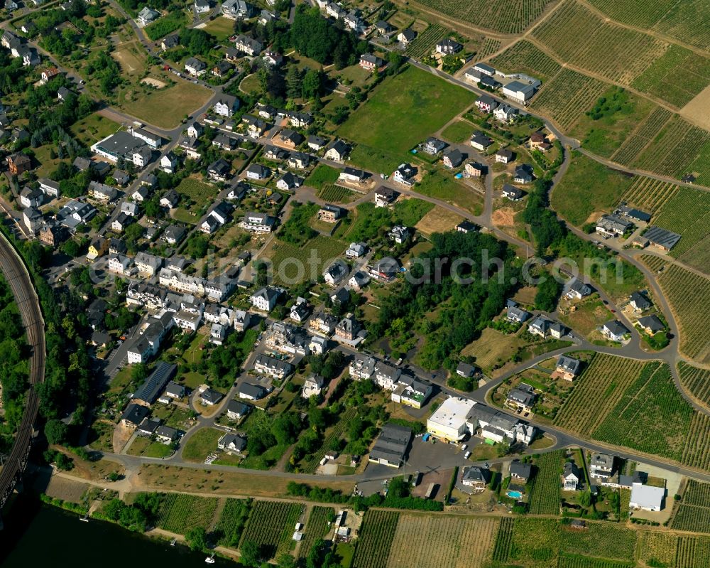 Bullay from the bird's eye view: View of the borough and municipiality of Bullay in the state of Rhineland-Palatinate. The official tourist resort and wine-growing town is part of the Cochem-Zell county district and is located on the right riverbank of the Moselle. Apart from the river, Bullay consists of agricultural land and residential areas