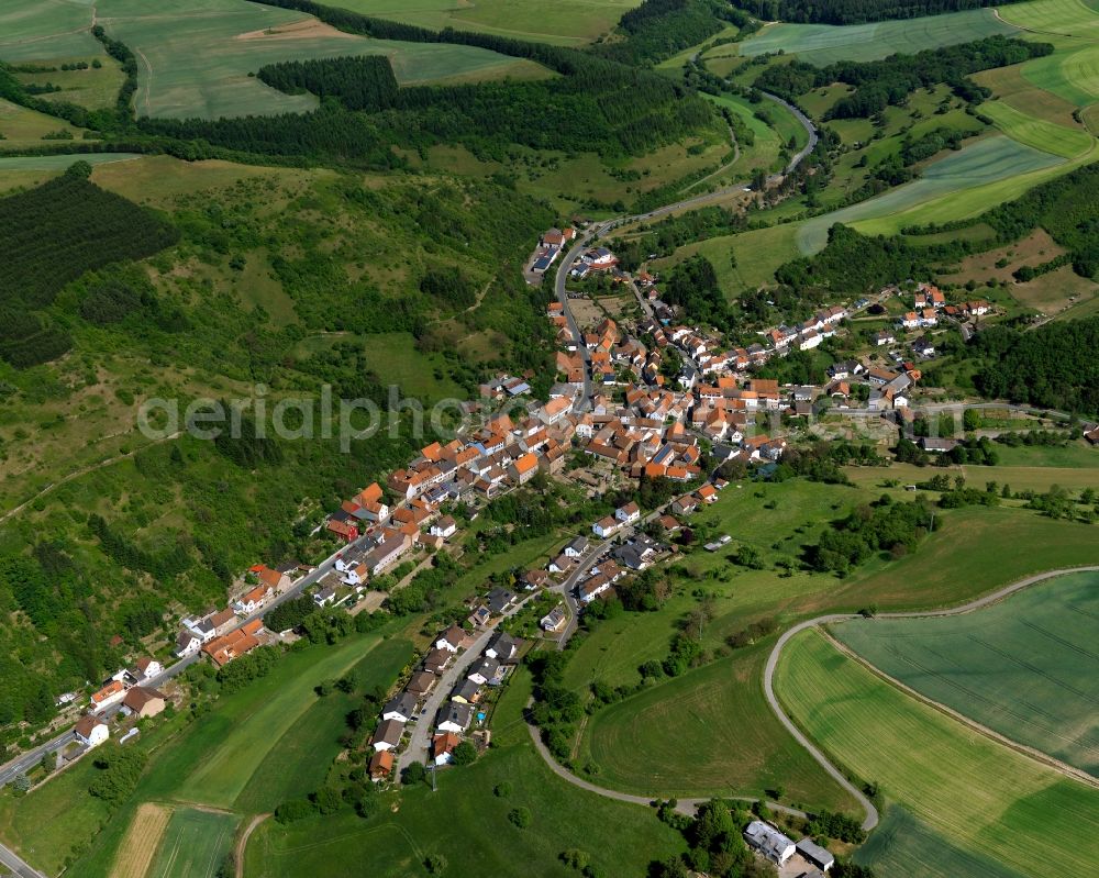 Callbach from the bird's eye view: View of the borough and municipiality of Callbach in the state of Rhineland-Palatinate. The agricultural borough is located in the county district of Bad Kreuznach. Surrounded by fields, hills and forest, the village is located in the mountain range of Northern Palatinate - in the valley of the Eschenbach creek