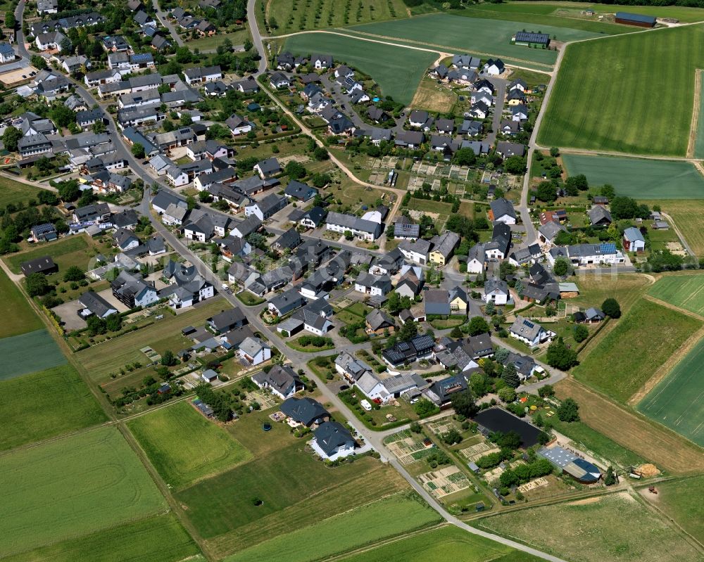 Aerial photograph Damscheid - View of the borough of Damscheid in the state Rhineland-Palatinate. Damscheid is a village in the county district of Rhine-Hunsrueck. It is located on a crest in the East of the Hunsrueck mountain range, surrounded by fields and forest