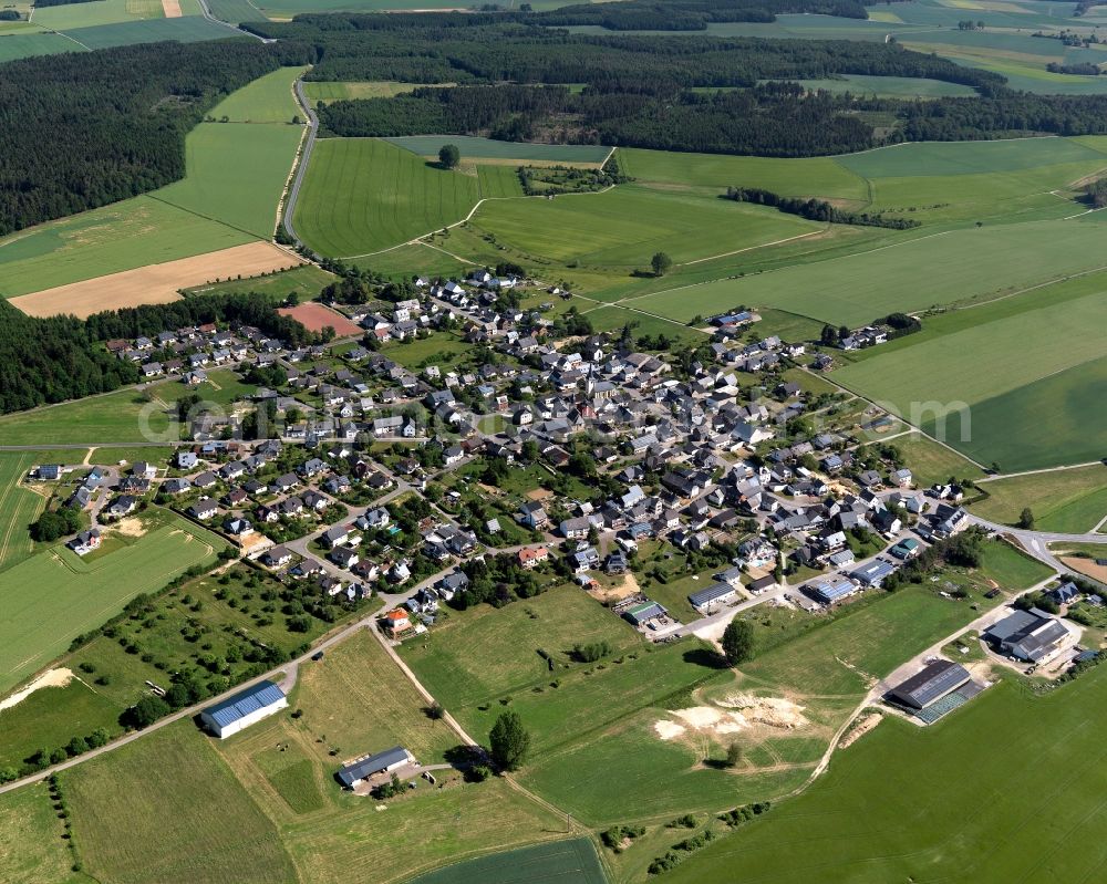 Aerial photograph Dickenschied - View of Dickenschied in the state of Rhineland-Palatinate. Dickenschied is located in the county district of Rhine-Hunsrueck. The borough and municipiality consists of residential areas and agricultural land and sits on federal highway B421