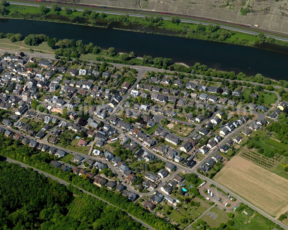 Aerial photograph Dieblich - View of Dieblich in the state of Rhineland-Palatinate. The borough and municipiality is an official tourist resort and wine-growing village and located in the county district of Mayen-Koblenz on the left riverbank of the river Moselle, surrounded by hills, forest and fields