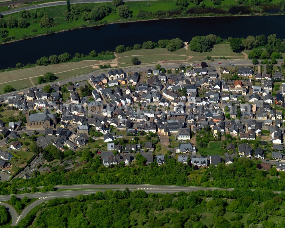 Dieblich from above - View of Dieblich in the state of Rhineland-Palatinate. The borough and municipiality is an official tourist resort and wine-growing village and located in the county district of Mayen-Koblenz on the left riverbank of the river Moselle, surrounded by hills, forest and fields