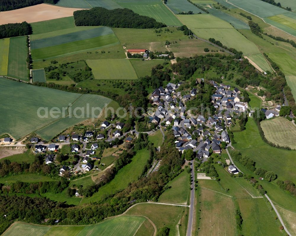 Aerial image Dill - View of Dill in the state of Rhineland-Palatinate. Dill is located in the county district of Rhine-Hunsrueck. The borough and municipiality sits in the Valley of Dillerbach creek which circumvents the famous castle and its ruins