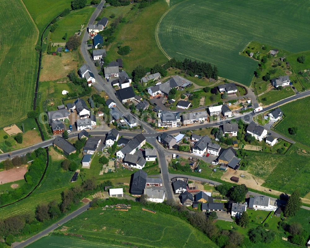 Dillendorf from the bird's eye view: View of Dillendorf in the state of Rhineland-Palatinate. Dillendorf is located in the county district of Rhine-Hunsrueck. The borough and municipiality consists of residential areas and agricultural land and sits in the valley of the Kyrbach creek