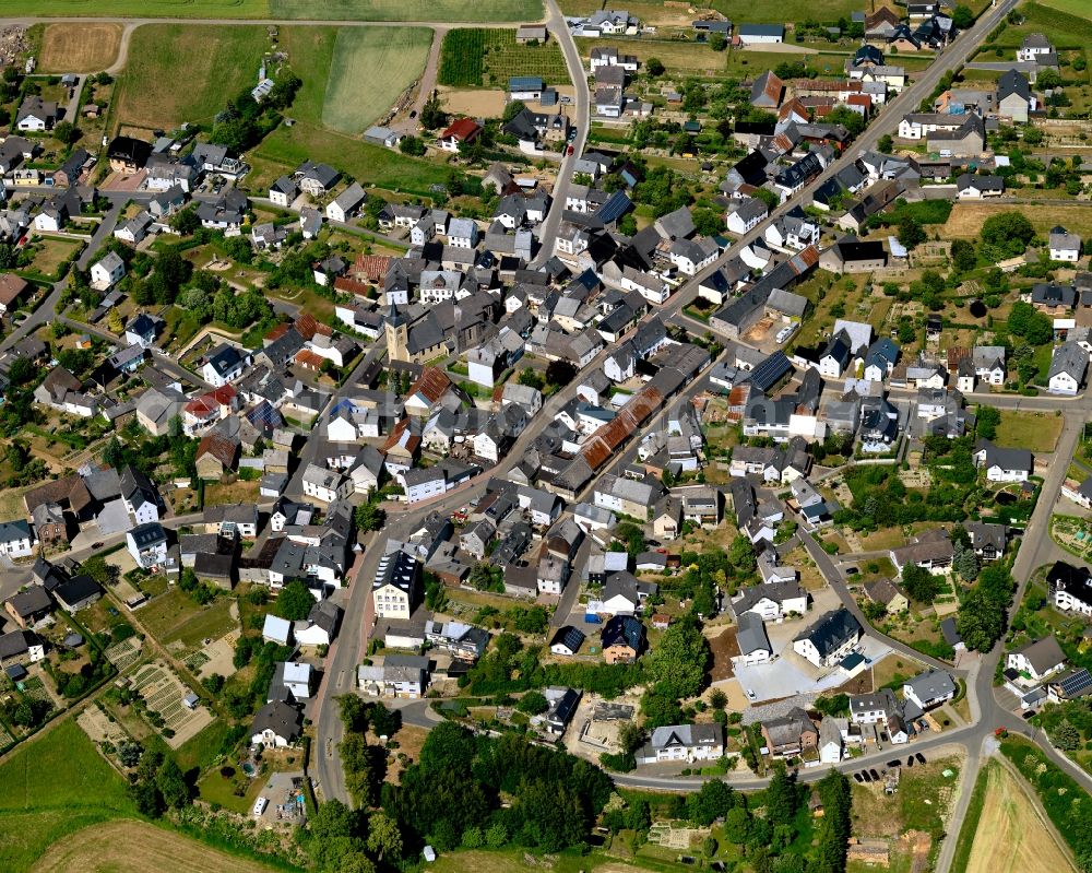 Aerial image Düngenheim - View of Duengenheim in the state of Rhineland-Palatinate. The borough and municipiality is located in the county district of Cochem-Zell in the Eastern Eifel Region. Children's home St. Martin, Lehnholz and Weierthalerhof are hamlets of Duengenheim which is the largest municipiality in the association of municipialities of Kaiseresch. It is surrounded by agricultural land, meadows and forest