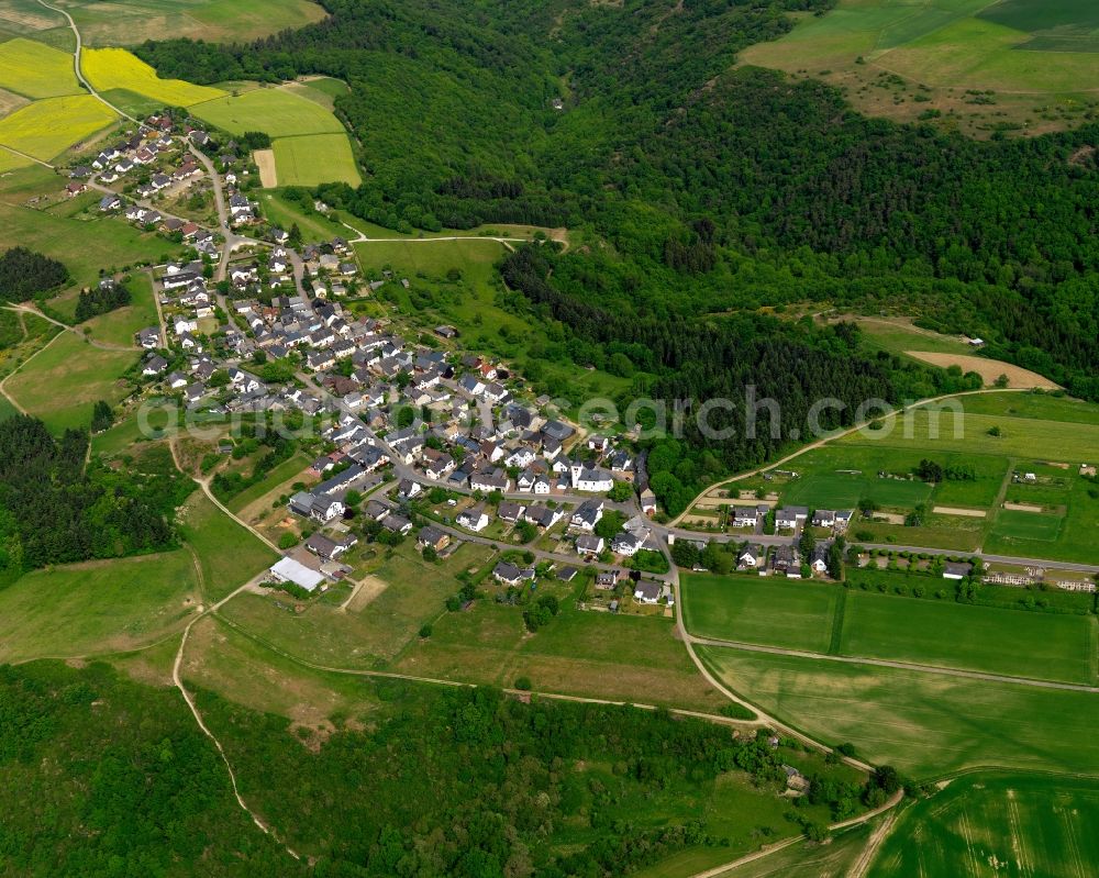 Dörscheid from the bird's eye view: View of the borough of Doerscheid in the state of Rhineland-Palatinate. The borough and municipiality is located in the county district of Rhine-Lahn, in the Taunus mountain region. The agricultural village consists of residential areas and is surrounded by forest and fields