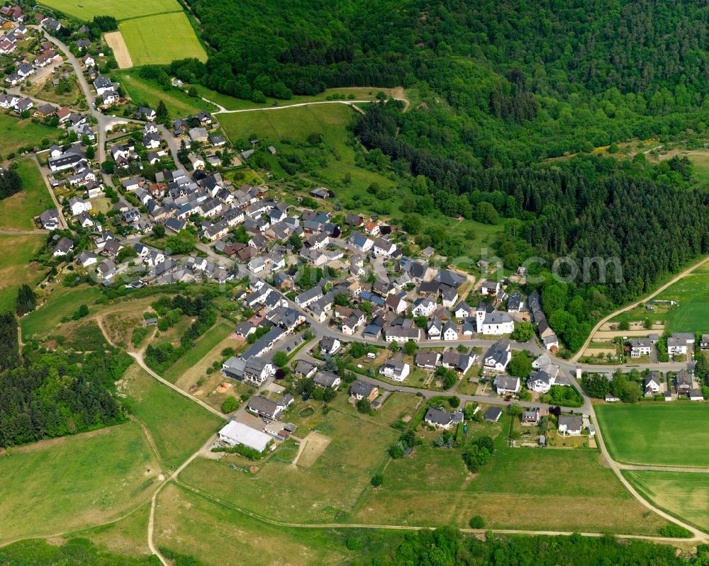 Aerial image Dörscheid - View of the borough of Doerscheid in the state of Rhineland-Palatinate. The borough and municipiality is located in the county district of Rhine-Lahn, in the Taunus mountain region. The agricultural village consists of residential areas and is surrounded by forest and fields