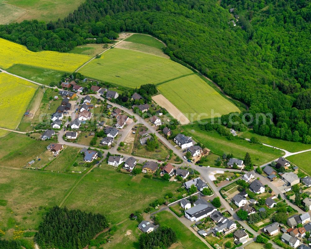 Aerial photograph Dörscheid - View of the borough of Doerscheid in the state of Rhineland-Palatinate. The borough and municipiality is located in the county district of Rhine-Lahn, in the Taunus mountain region. The agricultural village consists of residential areas and is surrounded by forest and fields