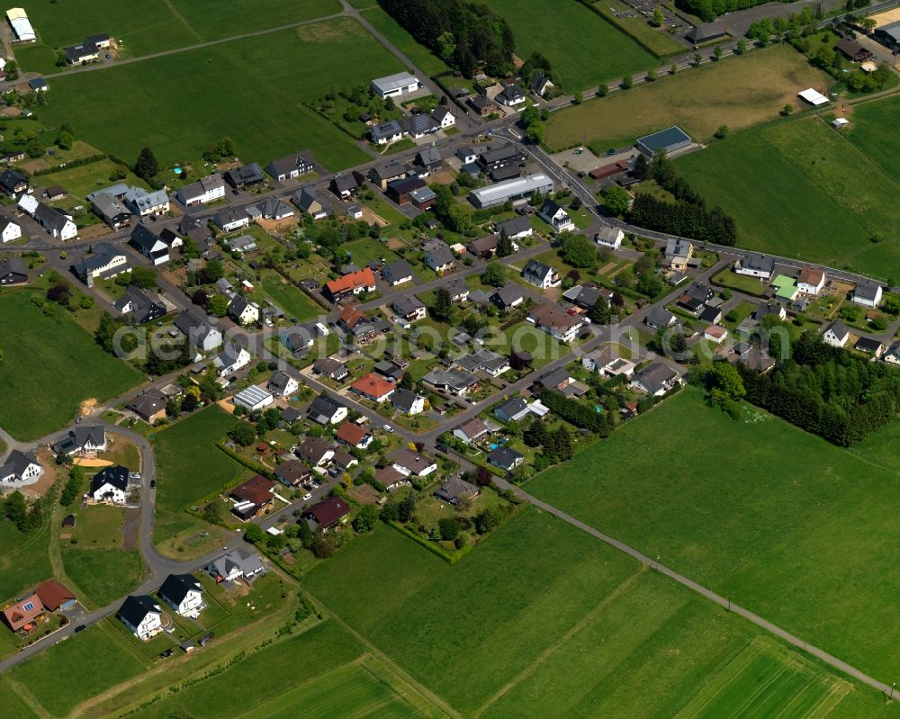 Fehl-Ritzhausen from above - View of the borough of Fehl-Ritzhausen in the state of Rhineland-Palatinate. The borough is located in the county district and region of Westerwald. The residential village is surrounded by fields and meadows