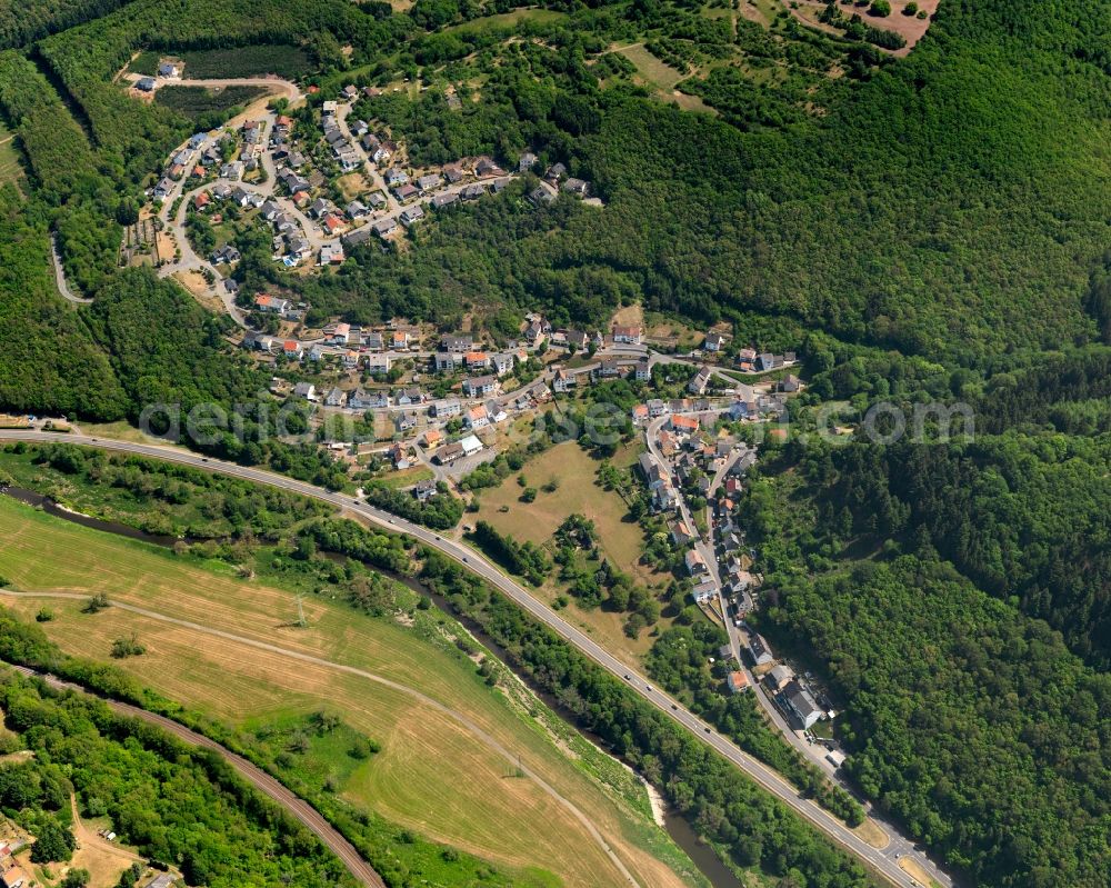 Aerial photograph Frauenberg - View of Frauenberg in the state of Rhineland-Palatinate. Frauenberg is a borough and municipiality in the county district of Birkenfeld. The village is surrounded by hills, fields and woods and consists of several hamlets and residential areas. It sits in the valley of the river Nahe