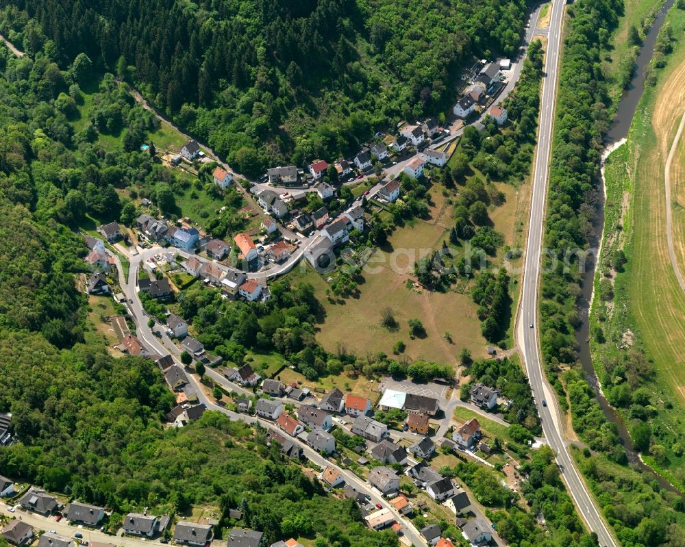 Frauenberg from above - View of Frauenberg in the state of Rhineland-Palatinate. Frauenberg is a borough and municipiality in the county district of Birkenfeld. The village is surrounded by hills, fields and woods and consists of several hamlets and residential areas. It sits in the valley of the river Nahe