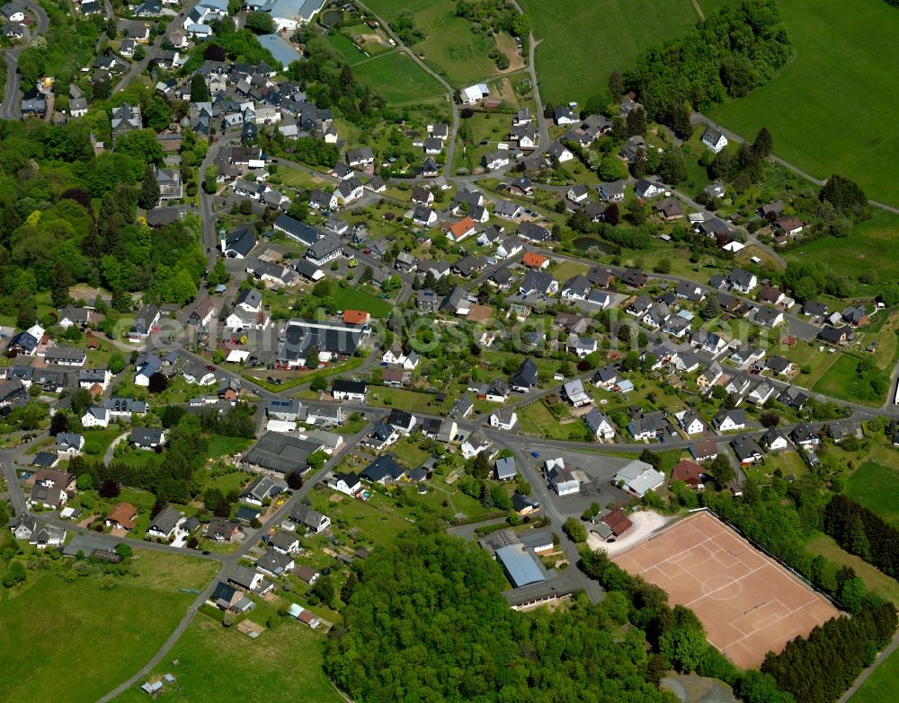 Friedewald from the bird's eye view: View of Friedewald in the state of Rhineland-Palatinate. The borough and municipiality Friedewald is located in the county district of Altenkirchen in the Westerwald forest region and surrounded by fields, meadows and forest. The former mining town is today known for its castle