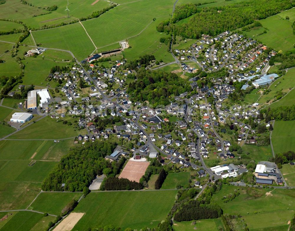 Friedewald from above - View of Friedewald in the state of Rhineland-Palatinate. The borough and municipiality Friedewald is located in the county district of Altenkirchen in the Westerwald forest region and surrounded by fields, meadows and forest. The former mining town is today known for its castle