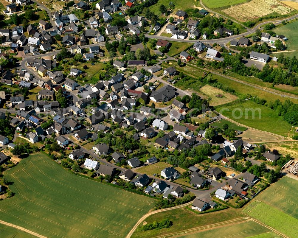 Gamlen from above - View of Gamlen in the state of Rhineland-Palatinate. The borough and municipiality is located in the county district of Cochem-Zell on the edge of the Eifel Region. Gamlen is surrounded by agricultural land, meadows and forest and is located on both sides of the Brohlbach creek