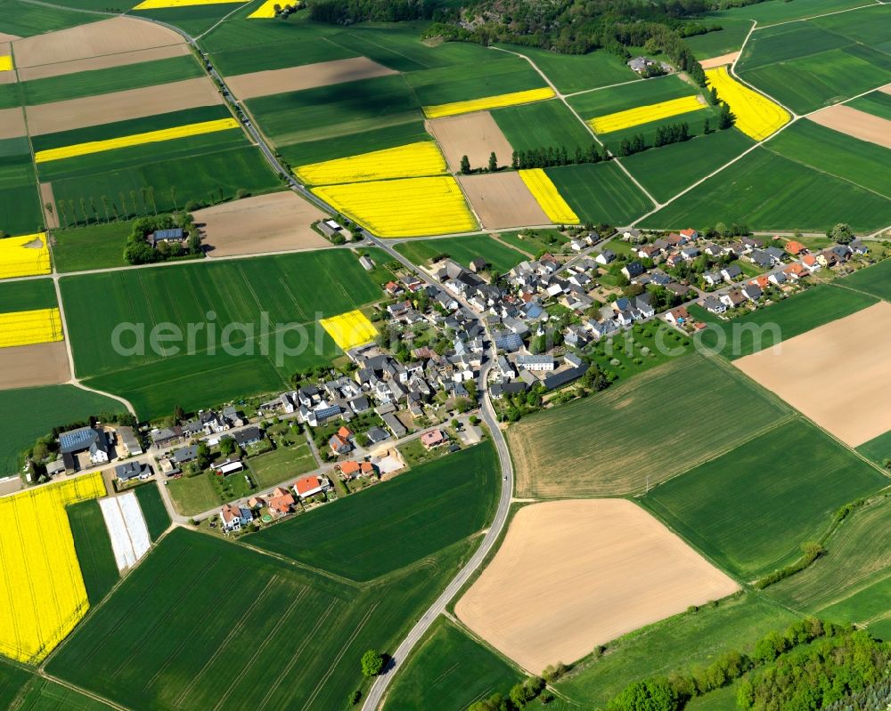 Aerial image Gappenach - View of Gappenach in the state of Rhineland-Palatinate. The agricultural borough and municipiality is located in the county district of Mayen-Koblenz and surrounded by meadows and rapeseed fields. Gappenach is located in the Niedermaifelder Senke region and includes five hamlets