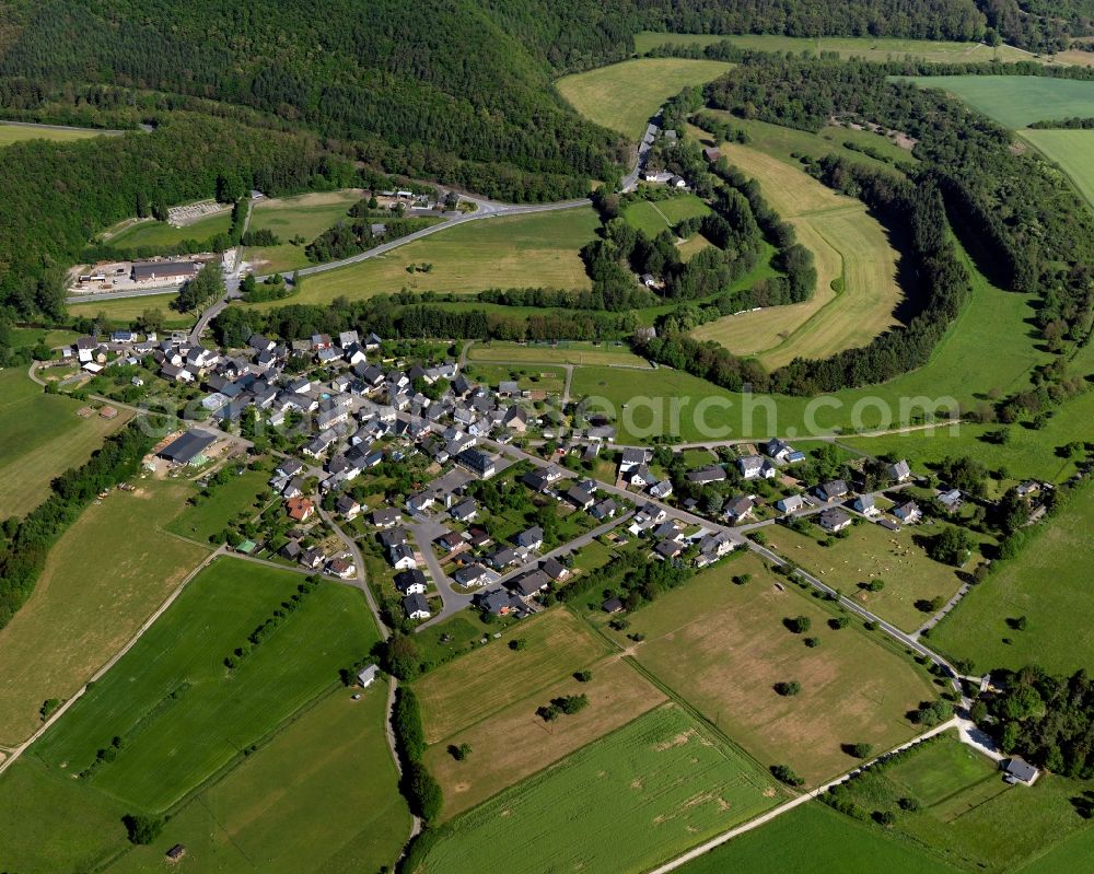 Aerial photograph Gehlweiler - View of Gehlweiler in the state of Rhineland-Palatinate. Gehlweiler is located in the county district of Rhine-Hunsrueck. The borough and municipiality consists of residential areas and agricultural land and sits on a hill on the western edge of Soon forest. Creek Kellenbach takes its course through the village