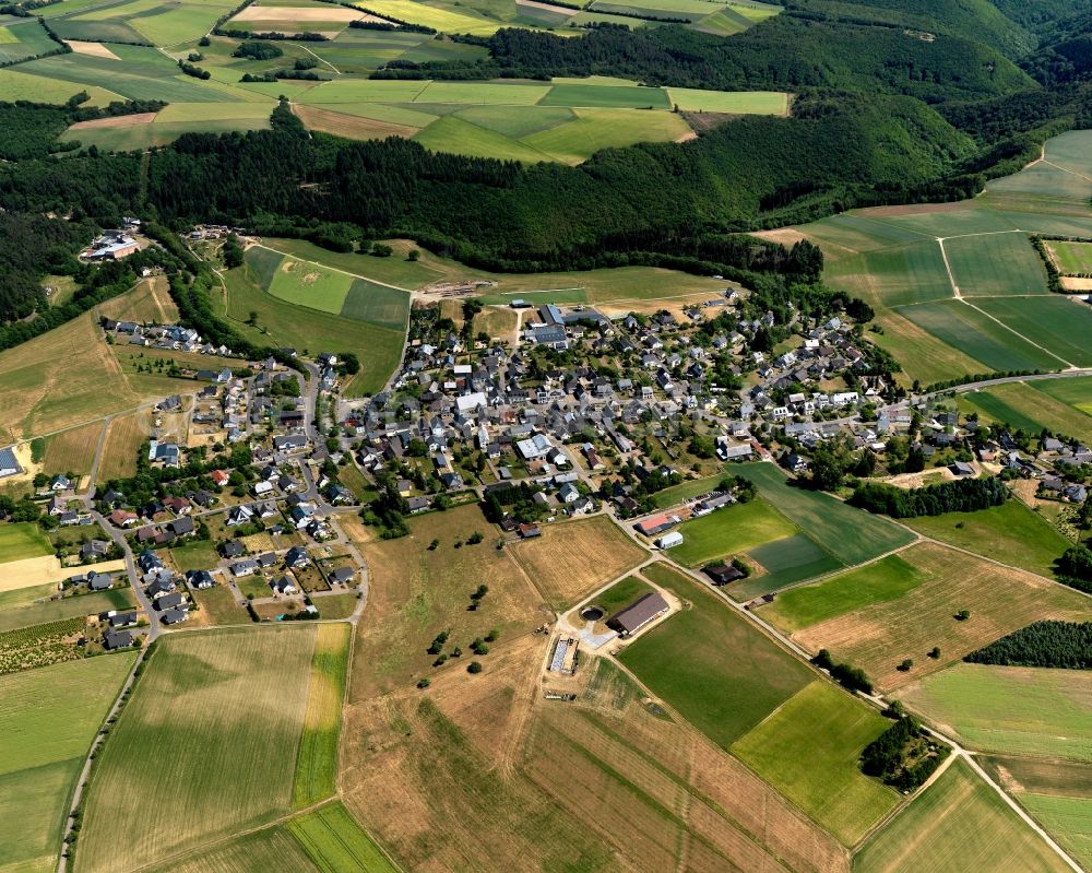 Gevenich from the bird's eye view: View of Gevenich in the state of Rhineland-Palatinate. The borough and municipiality is located in the county district of Cochem-Zell, on a mountain ridge above Ellerbach creek. It is surrounded by agricultural land, meadows and forest