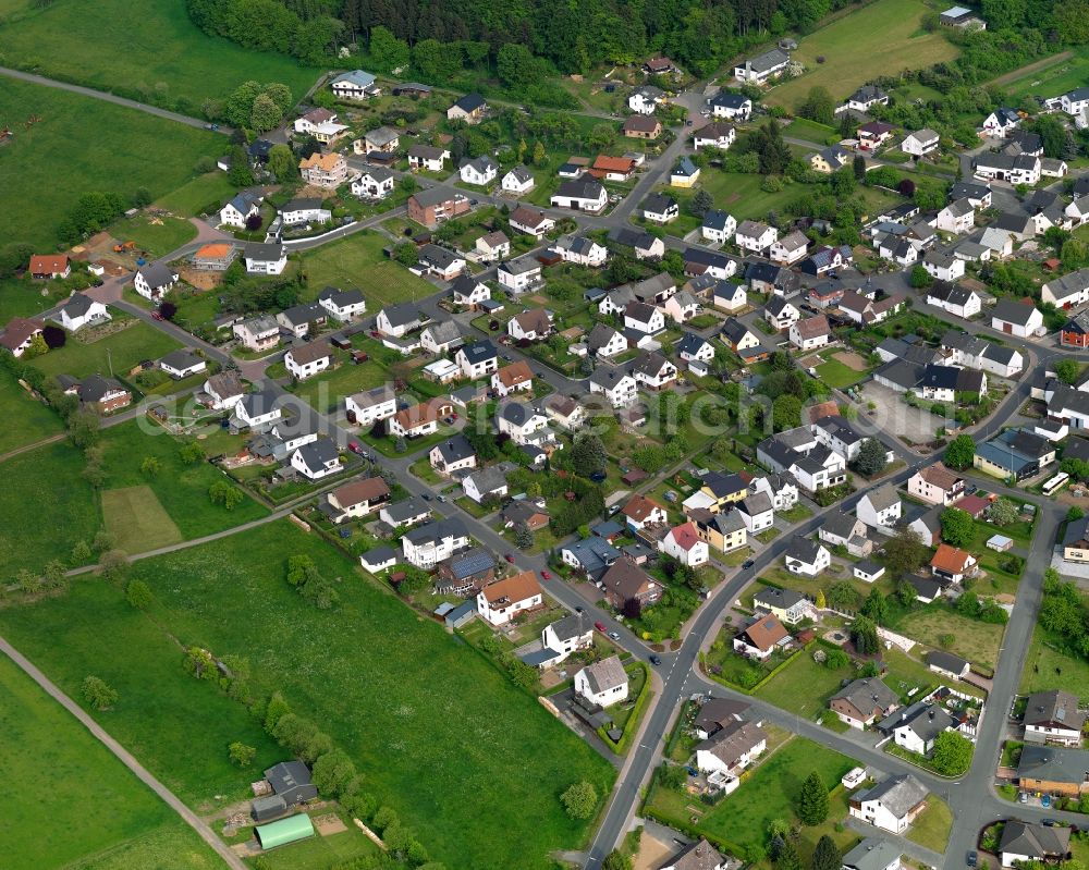 Girkenroth from above - View of Girkenroth in the state of Rhineland-Palatinate. The borough and municipiality is located in the county district of Westerwaldkreis on the edge of the Watzenhahn forest. Hundsdorf is surrounded by agricultural land, hills and meadows