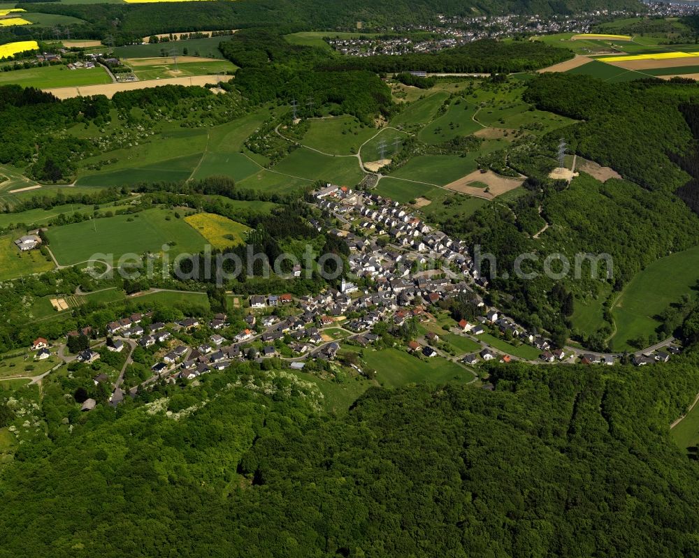 Gönnersdorf from above - View of the borough of Goennersdorf in the state of Rhineland-Palatinate. Goennersdorf is surrounded by fields, meadows and forest on the federal road 87. It consists of several smaller settlements and hamlets