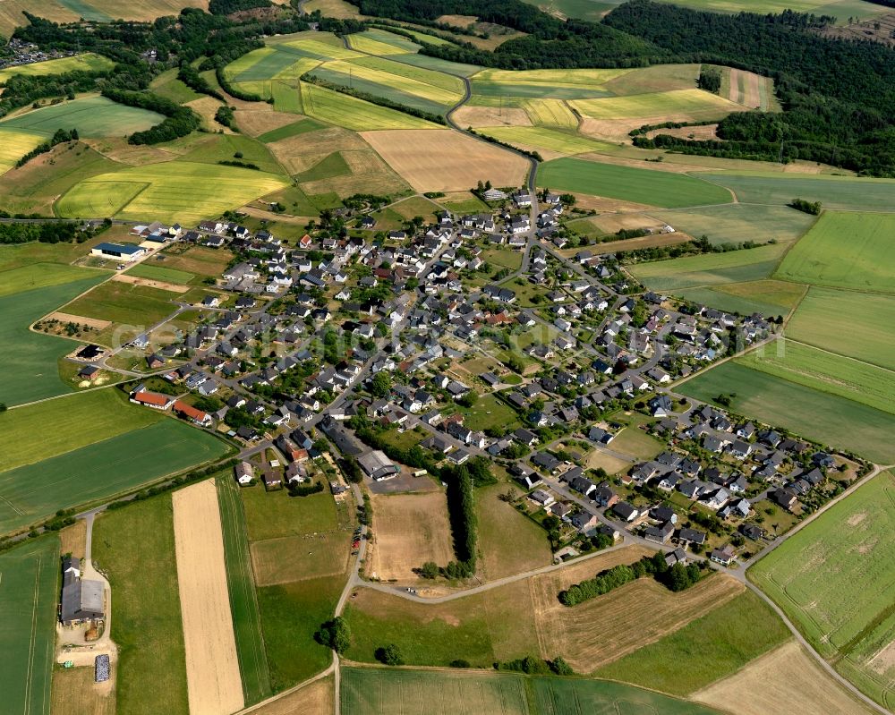 Greimersburg from above - View of Greimersburg in the state of Rhineland-Palatinate. The borough and municipiality is located in the county district of Cochem-Zell in the East Eifel region. Greimersburg is surrounded by agricultural land and meadows and includes several small hamlets and settlements