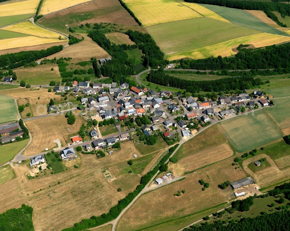 Aerial photograph Griebelschied - View of Griebelschied in the state of Rhineland-Palatinate. The borough and municipiality is located in the county district of Birkenfeld, in the Hunsrueck region at Idar Forest. It is surrounded by agricultural land, meadows and forest