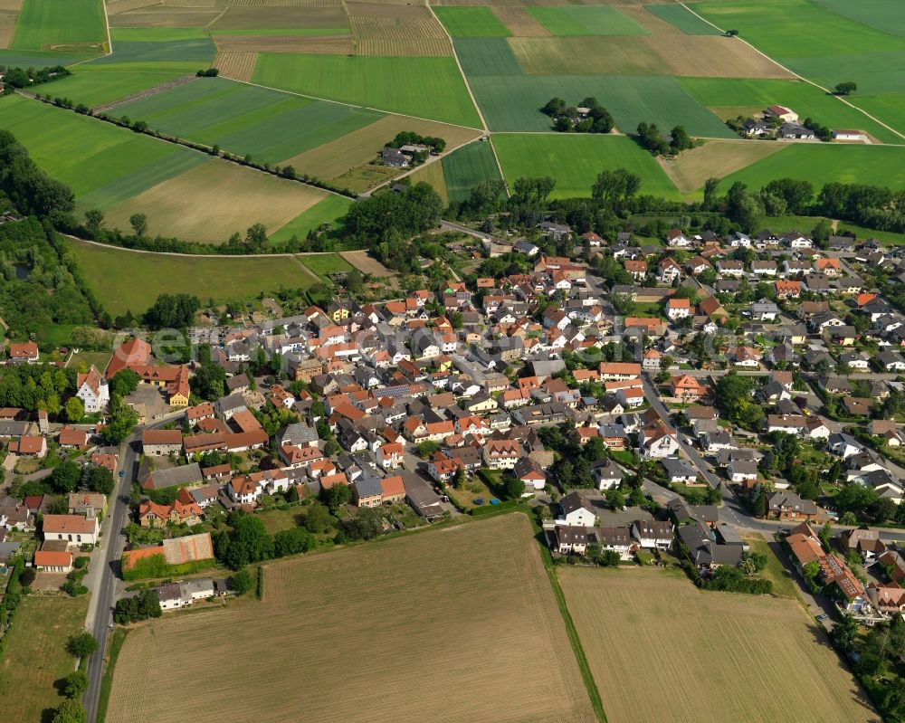 Hahnheim from the bird's eye view: View of the borough of Hahnheim in the state of Rhineland-Palatinate. The centre of the borough consists mostly of single family houses and semi-detached houses, farms and other residential buildings and is surrounded by fields and agricultural land