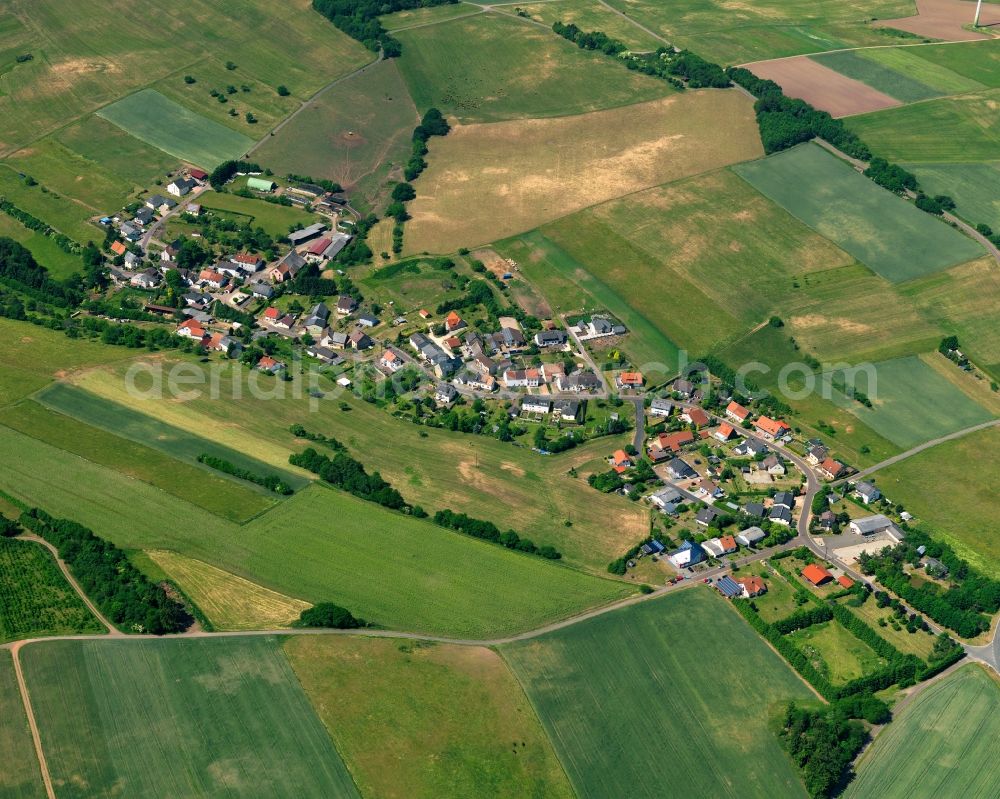 Hahnweiler from the bird's eye view: View of Hahnweiler in the state of Rhineland-Palatinate. Hahnweiler is a borough and municipiality in the county district of Birkenfeld, in the region of the Hunsrueck mountain range. The village is surrounded by hills, fields and vineyards