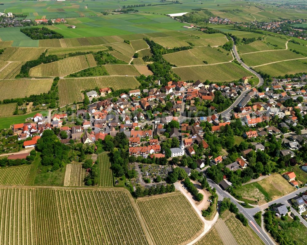 Harxheim from above - View of the borough of Harxheim in the state of Rhineland-Palatinate. The borough is located in the county district of Mainz-Bingen. The residential village is surrounded by fields and meadows