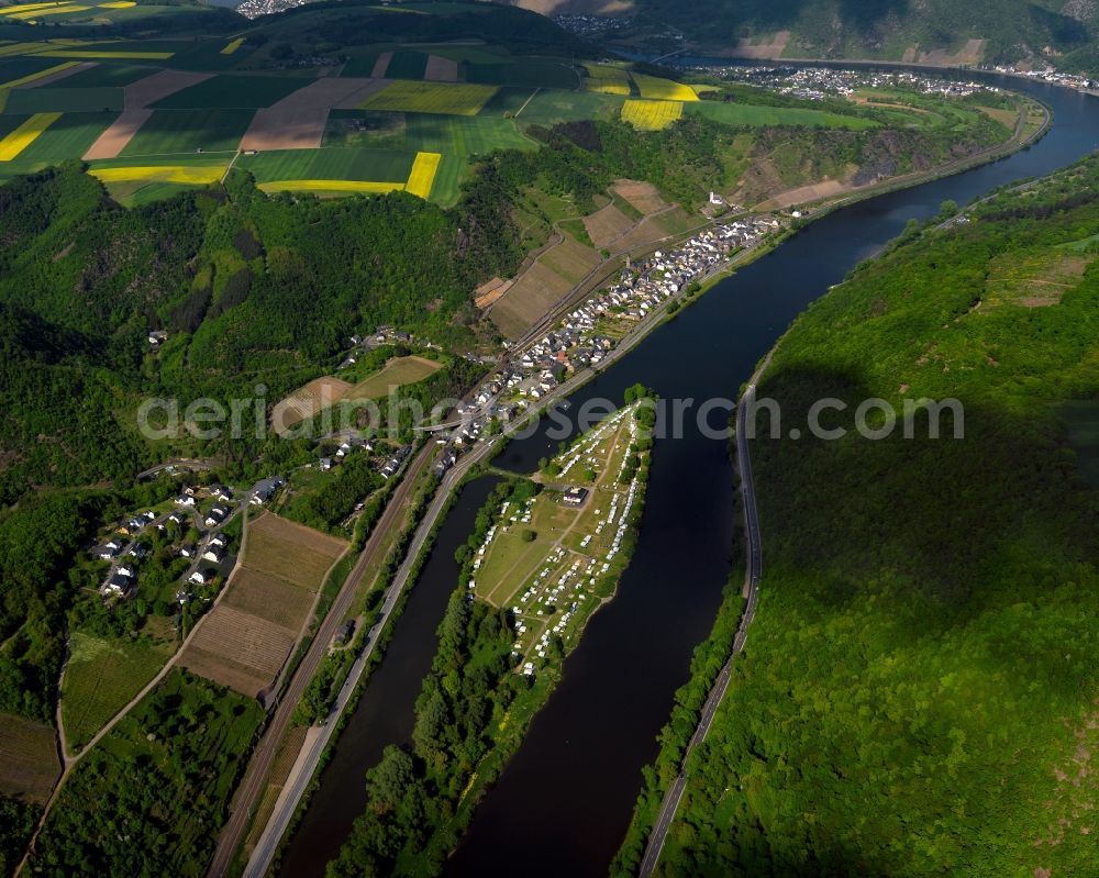 Hatzenport from above - View of Hatzenport in the state of Rhineland-Palatinate. The borough and municipiality is located in the county district of Mayen-Koblenz on the left riverbank of the river Moselle, surrounded by hills and vineyards. An island sits in the river in front of Hatzenport