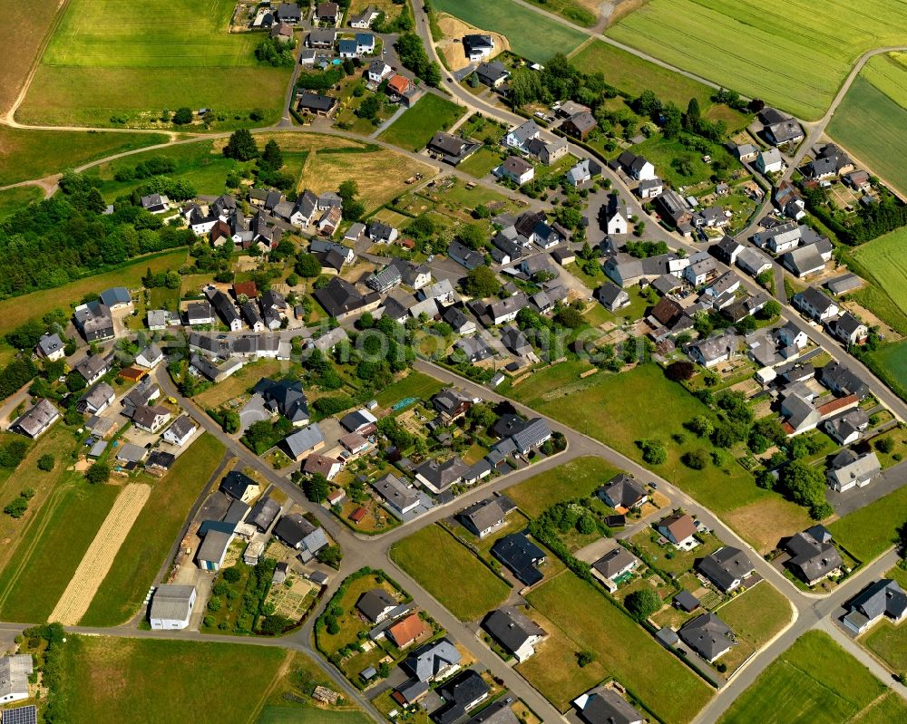 Hauroth from the bird's eye view: View of Hauroth in the state of Rhineland-Palatinate. The borough and municipiality is located in the county district of Cochem-Zell in the High Eifel Region. Sonnenhof, Tannenhof and Wiesenhof are hamlets of Hauroth. It is surrounded by agricultural land, meadows and forest