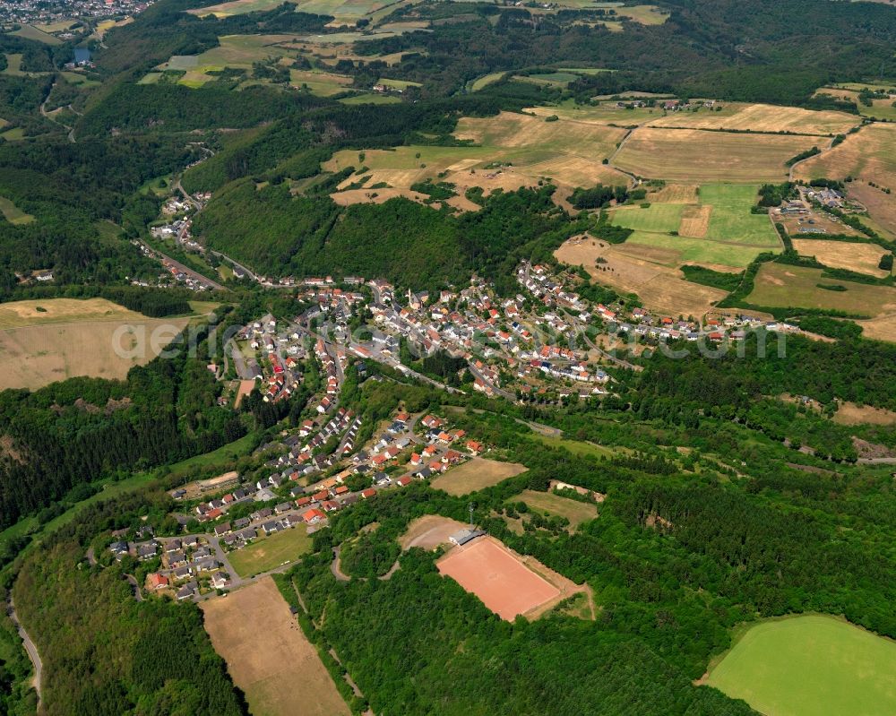 Heimbach from the bird's eye view: View of Heimbach in the state of Rhineland-Palatinate. Heimbach is a borough and municipiality in the county district of Birkenfeld. The village is surrounded by hills, fields and vineyards and consists of several hamlets and residential areas. It sits in the valley of the river Nahe, on the creek of the same name