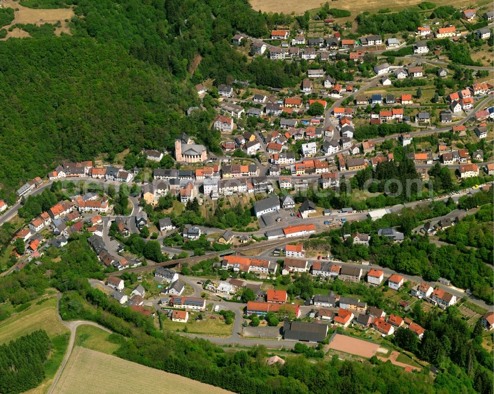 Heimbach from above - View of Heimbach in the state of Rhineland-Palatinate. Heimbach is a borough and municipiality in the county district of Birkenfeld. The village is surrounded by hills, fields and vineyards and consists of several hamlets and residential areas. It sits in the valley of the river Nahe, on the creek of the same name