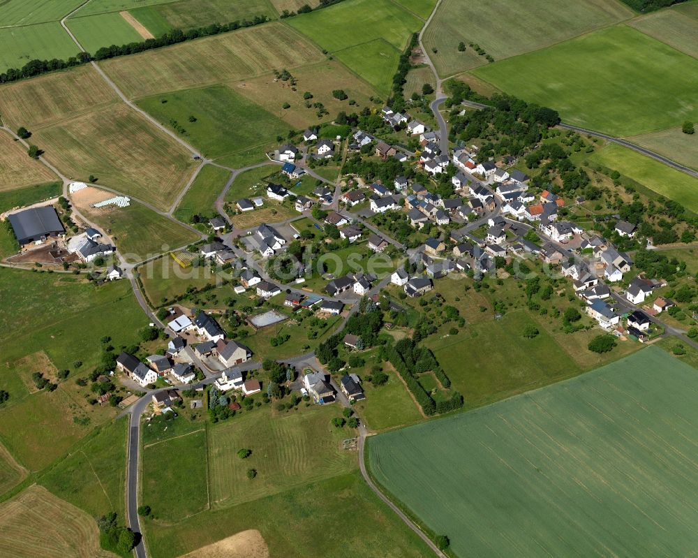 Henau from above - View of Henau in the state of Rhineland-Palatinate. Panzweiler is located in the county district of Rhine-Hunsrueck. The borough and municipiality consists of residential areas and agricultural land and sits on a hill on the western edge of Soon forest