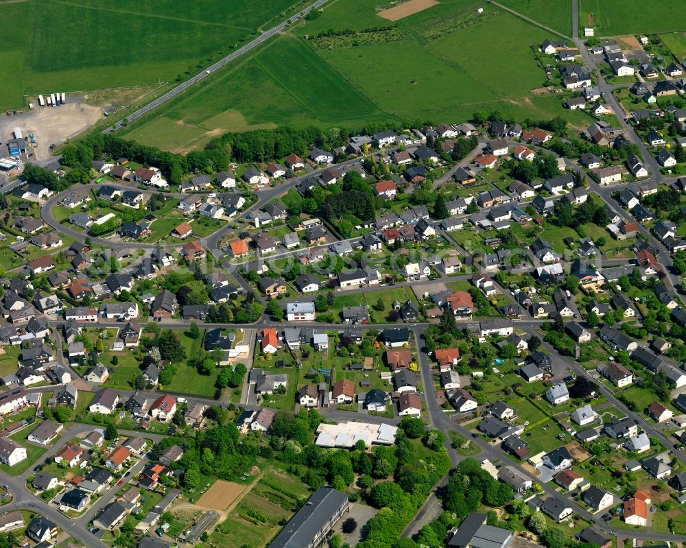 Höhn from above - View of the borough of Hoehn in the state of Rhineland-Palatinate. The borough is located in the county district and region of Westerwald. The residential village is surrounded by fields and meadows. It sits right on federal highway B255 and consists of several parts