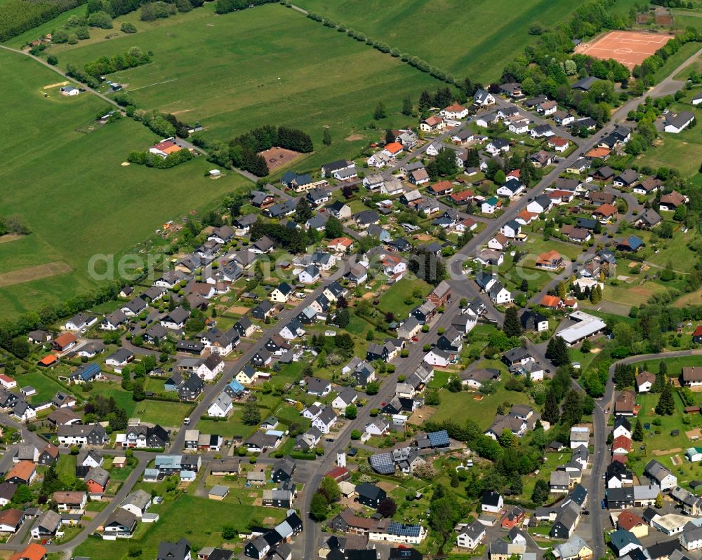 Aerial image Hof - View of the borough of Hof (Westerwald) in the state of Rhineland-Palatinate. The borough is located in the county district and region of Westerwald. The residential village is surrounded by fields and meadows