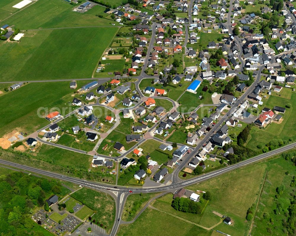 Hof from above - View of the borough of Hof (Westerwald) in the state of Rhineland-Palatinate. The borough is located in the county district and region of Westerwald. The residential village is surrounded by fields and meadows