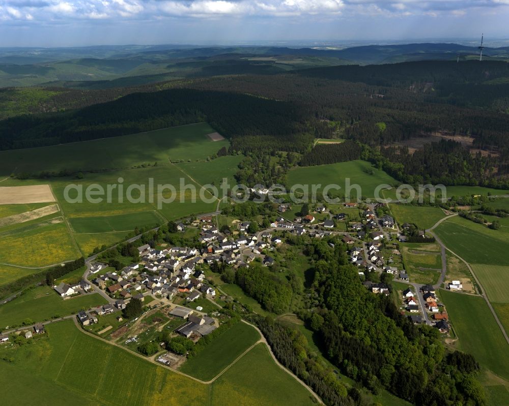 Hohenleimbach from the bird's eye view: View of the Lederbach part of the borough of Hohenleimbach in the state of Rhineland-Palatinate. Hohenleimbach is the highest borough of the district of Brohltal and is located in the West of it. View of the centre of the borough with residential areas, agricultural land and farms