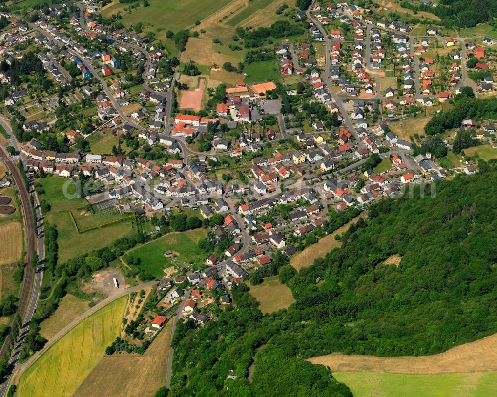 Hoppstädten from above - View of the borough and municipiality of Hoppstaedten in the state of Rhineland-Palatinate. Hoppstaedten is located in the county district of Kusel, in the West Palatinate region and is surrounded by agricultural land, hills and forest