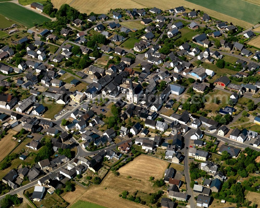 Illerich from the bird's eye view: View of Illerich in the state of Rhineland-Palatinate. The borough and municipiality is located in the county district of Cochem-Zell on the edge of the Eifel Region. Illerich is surrounded by agricultural land and meadows and includes the hamlets of Michelshof, Rosenhof and Waldhof