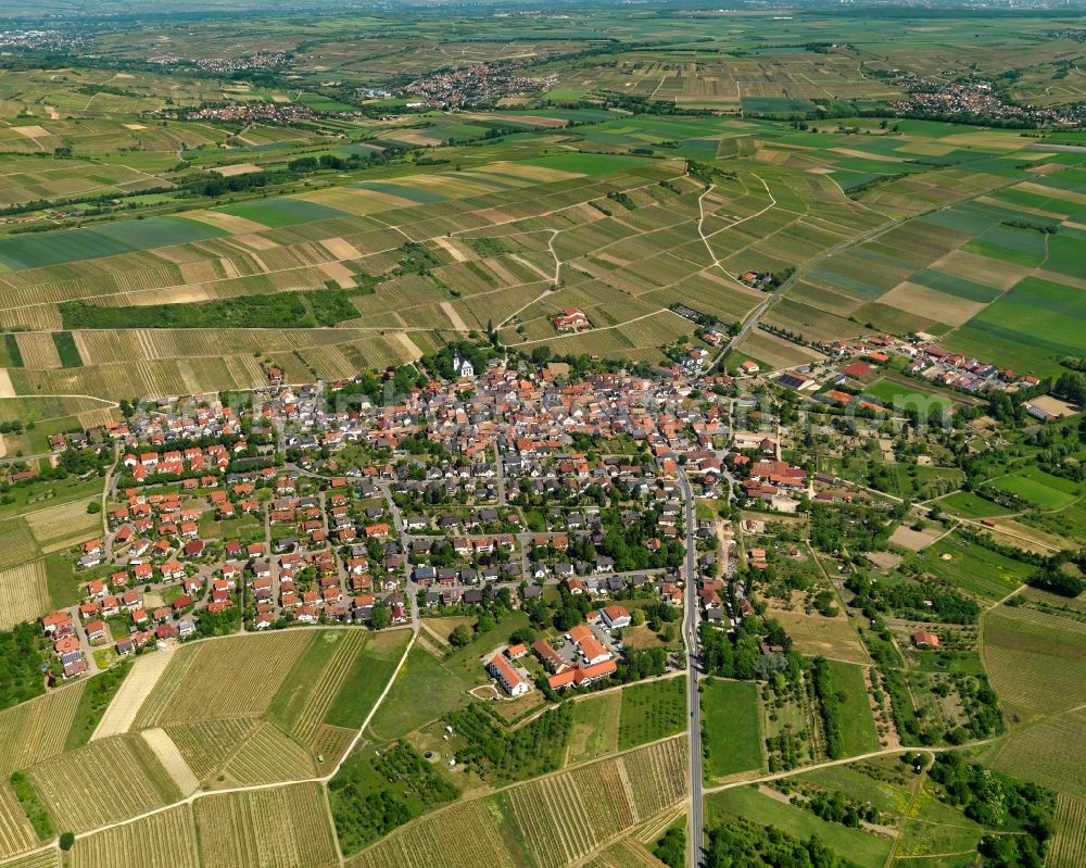 Aerial photograph Jugenheim in Rheinhessen - View of the borough of Jugenheim in Rheinhessen in the state of Rhineland-Palatinate. The borough is located in the county district of Mainz-Bingen. The residential village is surrounded by fields, vineyards and meadows