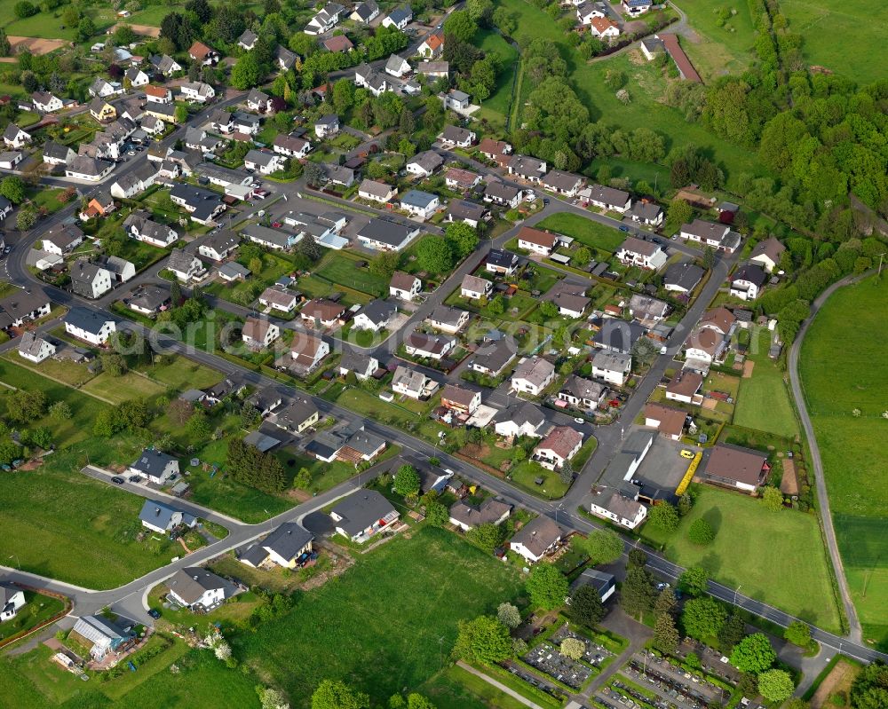 Kaden from above - View of Kaden in the state of Rhineland-Palatinate. The borough and municipiality is located in the county district of Westerwaldkreis and is a rural residential borough. Kaden is surrounded by agricultural land, hills and meadows and located in the valley of creek Elbbach