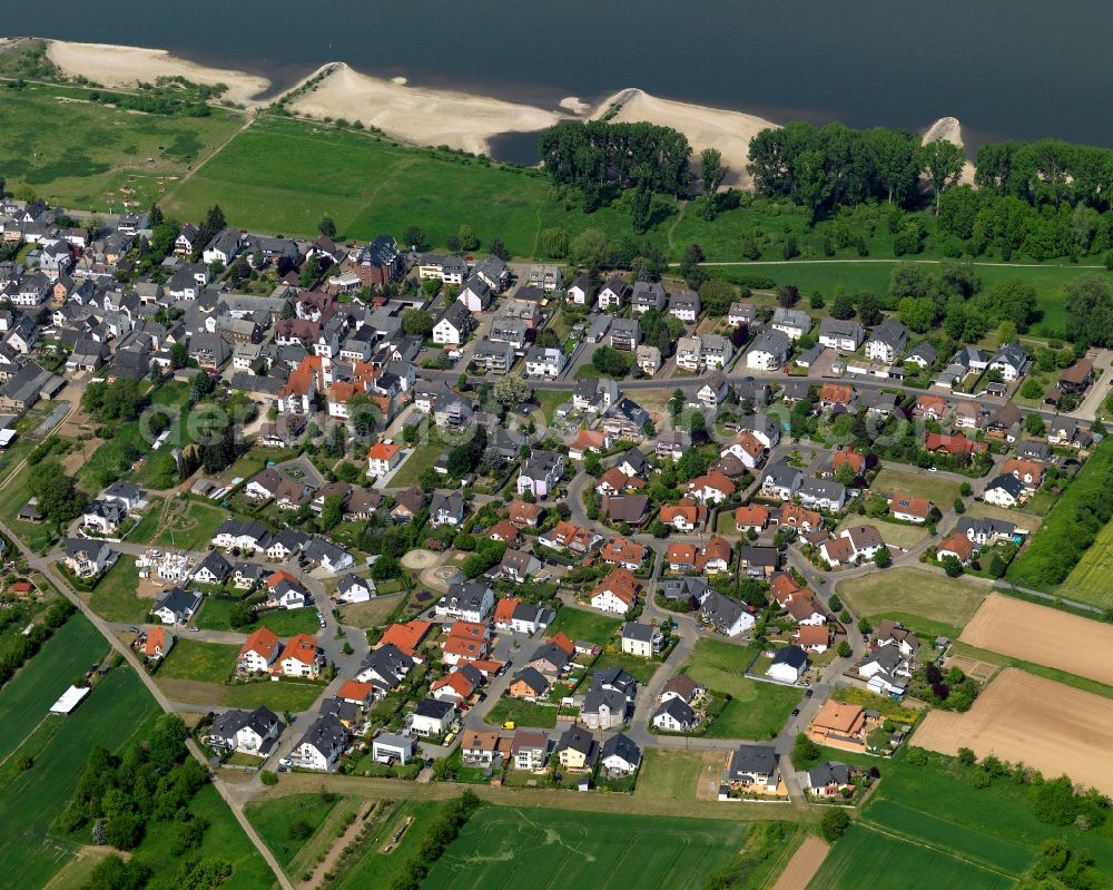 Kaltenengers from above - View of Kaltenengers in the state of Rhineland-Palatinate. The borough and municipiality is located in the county district of Mayen-Koblenz on the Western riverbank of the Rhine, adjacent to the federal motorway A48. It belongs to the Rhine villages