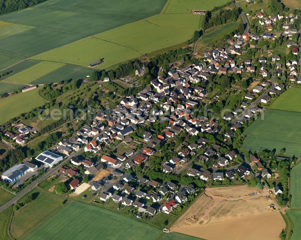 Aerial photograph Kaltenholzhausen - View of the borough of Kaltenholzhausen in the state of Rhineland-Palatinate. The borough and municipiality is located in the county district of Rhine-Lahn. The agricultural village consists of residential buildings and areas and is surrounded by meadows and fields