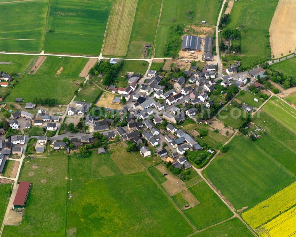 Aerial image Kasdorf - View of the borough of Kasdorf in the state of Rhineland-Palatinate. The borough and municipiality is located in the county district of Rhine-Lahn, in the Taunus mountain region. The agricultural village consists of residential areas and is surrounded by rapeseed fields and meadows