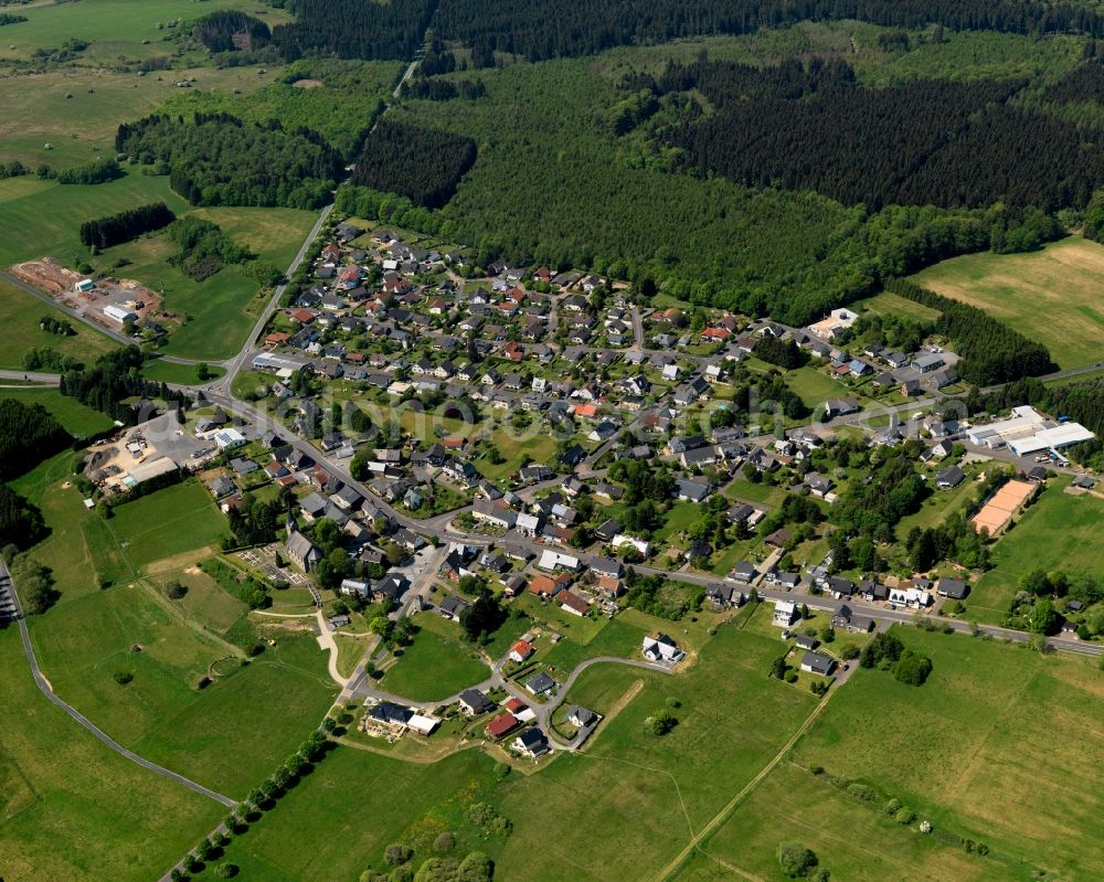 Aerial photograph Kirburg - View of the borough of Kirburg in the state of Rhineland-Palatinate. The borough is located in the county district and region of Westerwald. The residential village is surrounded by fields and meadows