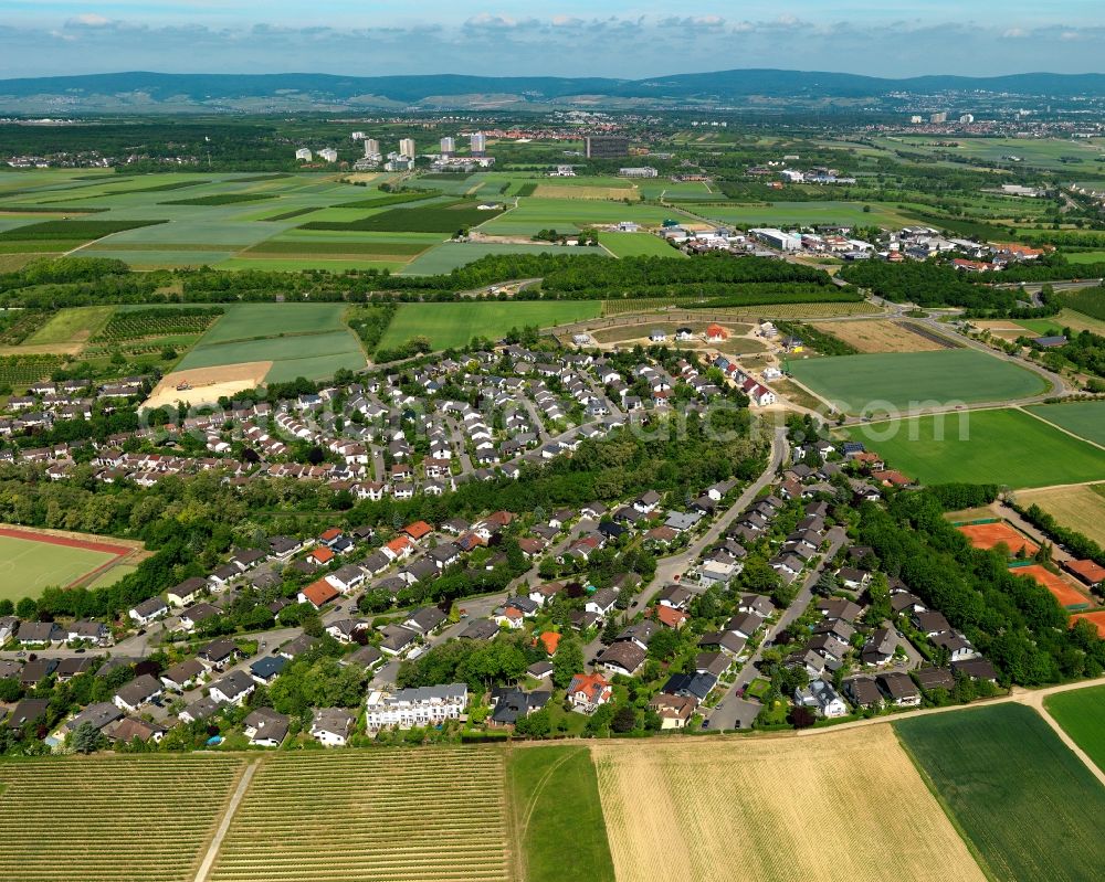 Aerial image Klein-Winternheim - View of the borough of Klein-Winternheim in the state of Rhineland-Palatinate. The wine-growing borough is located in the county district of Mainz-Bingen, on federal motorway A63. The residential village is surrounded by fields, vineyards and meadows