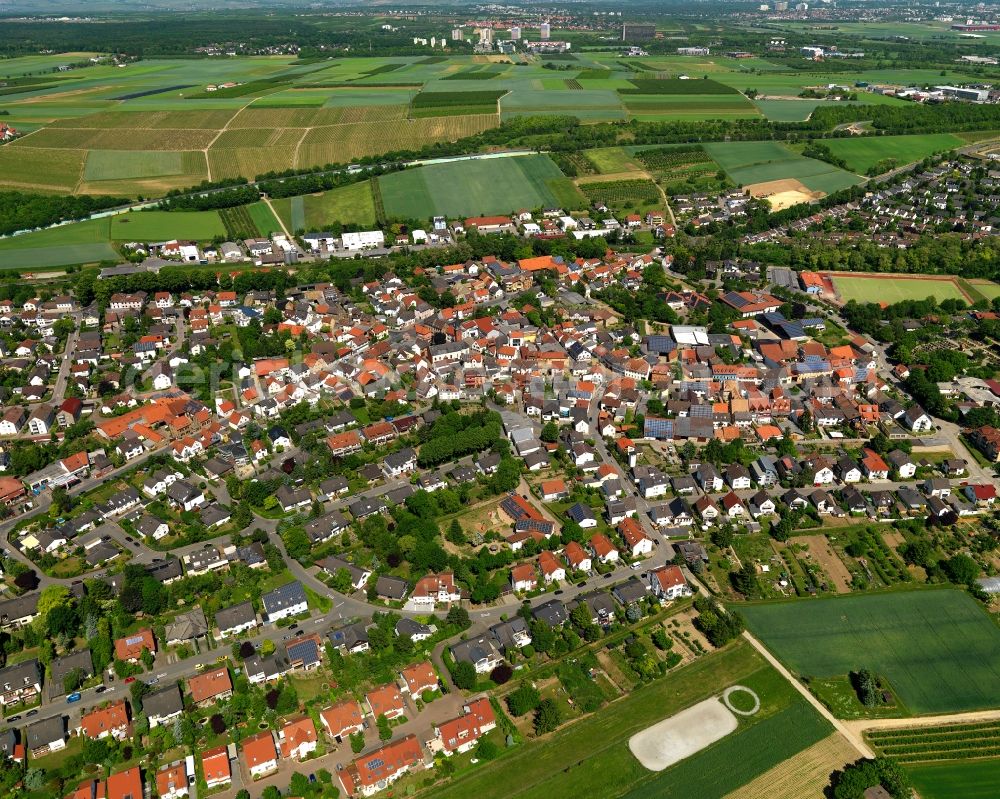 Klein-Winternheim from above - View of the borough of Klein-Winternheim in the state of Rhineland-Palatinate. The wine-growing borough is located in the county district of Mainz-Bingen, on federal motorway A63. The residential village is surrounded by fields, vineyards and meadows